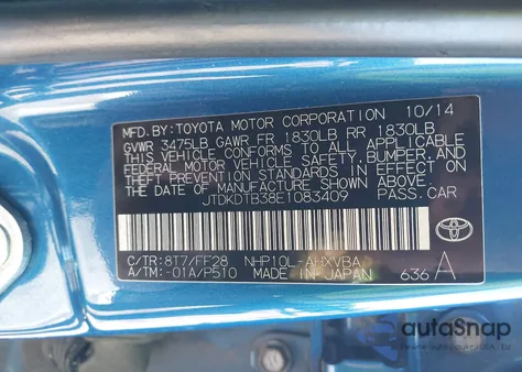 2014 Toyota Prius C Two z USA, uszkodzony, nr VIN JTDKDTB38E1083409